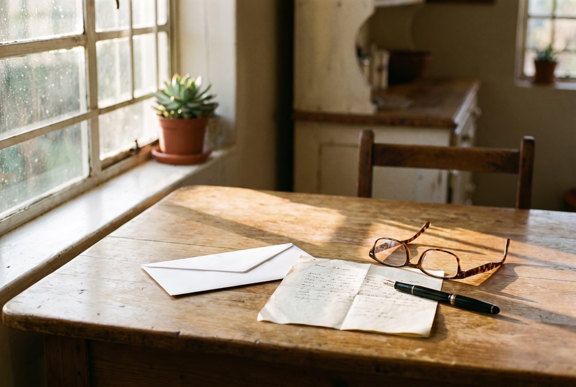 A crisp envelope and folded letter on a warm wooden table beside reading glasses
